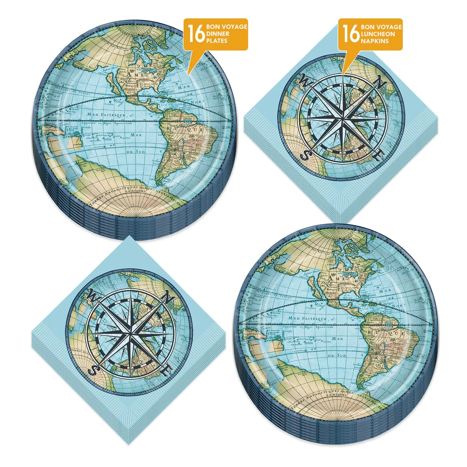 Bon Voyage World Travel Paper Dinner Plates and Lunch Napkins (Serves 16)