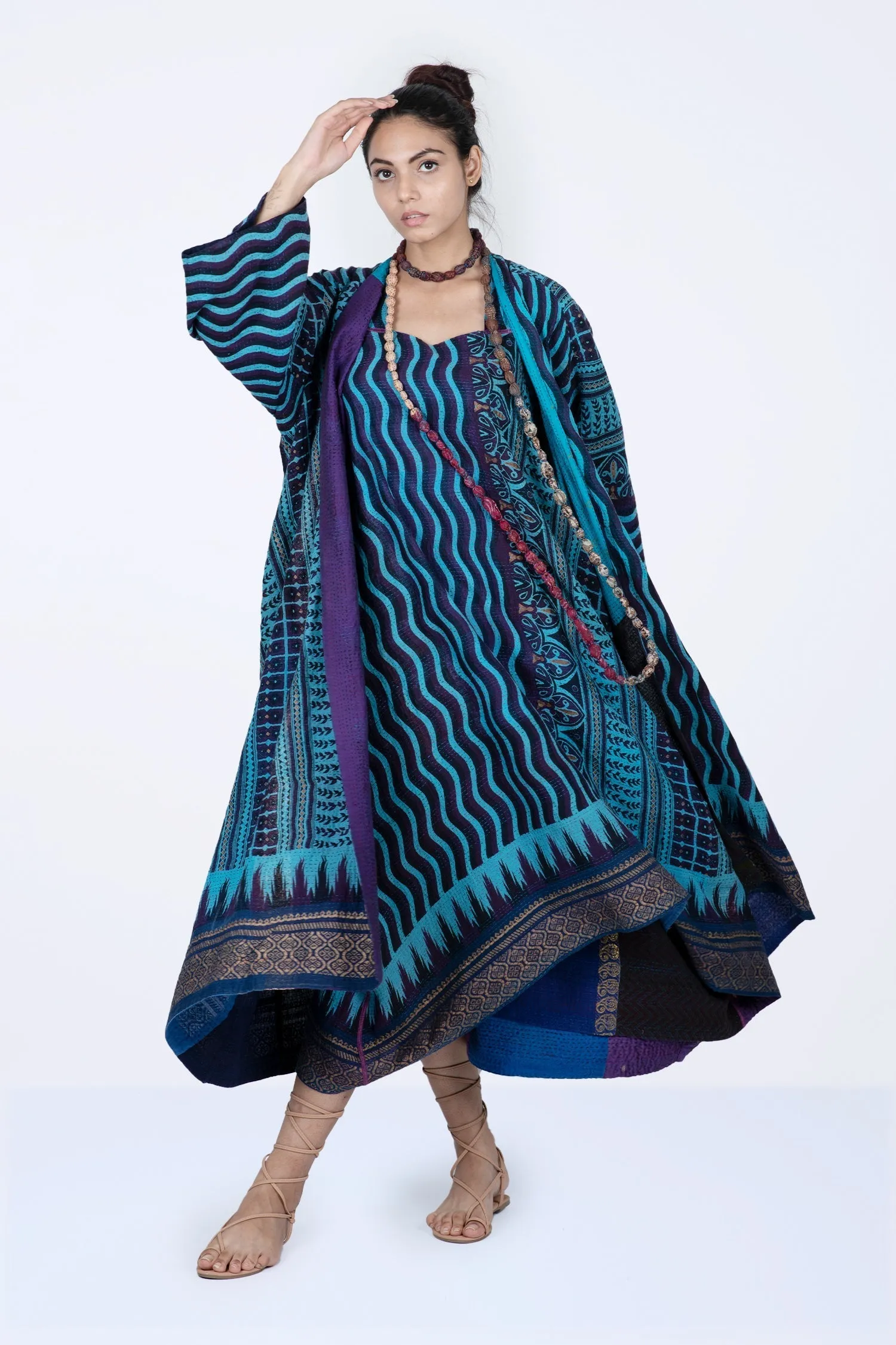 DESERT WAVES KANTHA TENT DRESS - dw2413-blu -