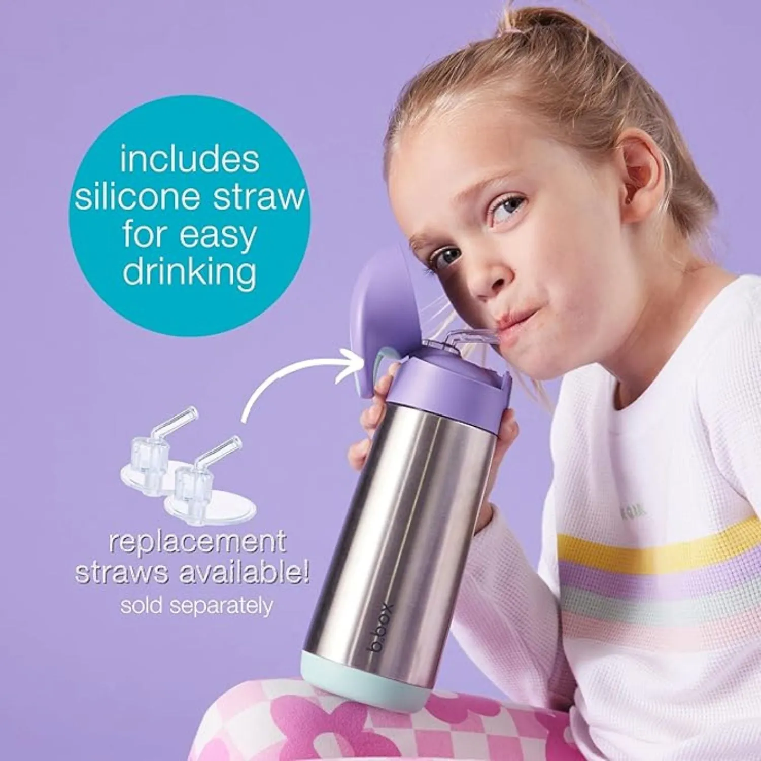 Insulated Straw Sipper Drink Water Bottle 500ml Purple