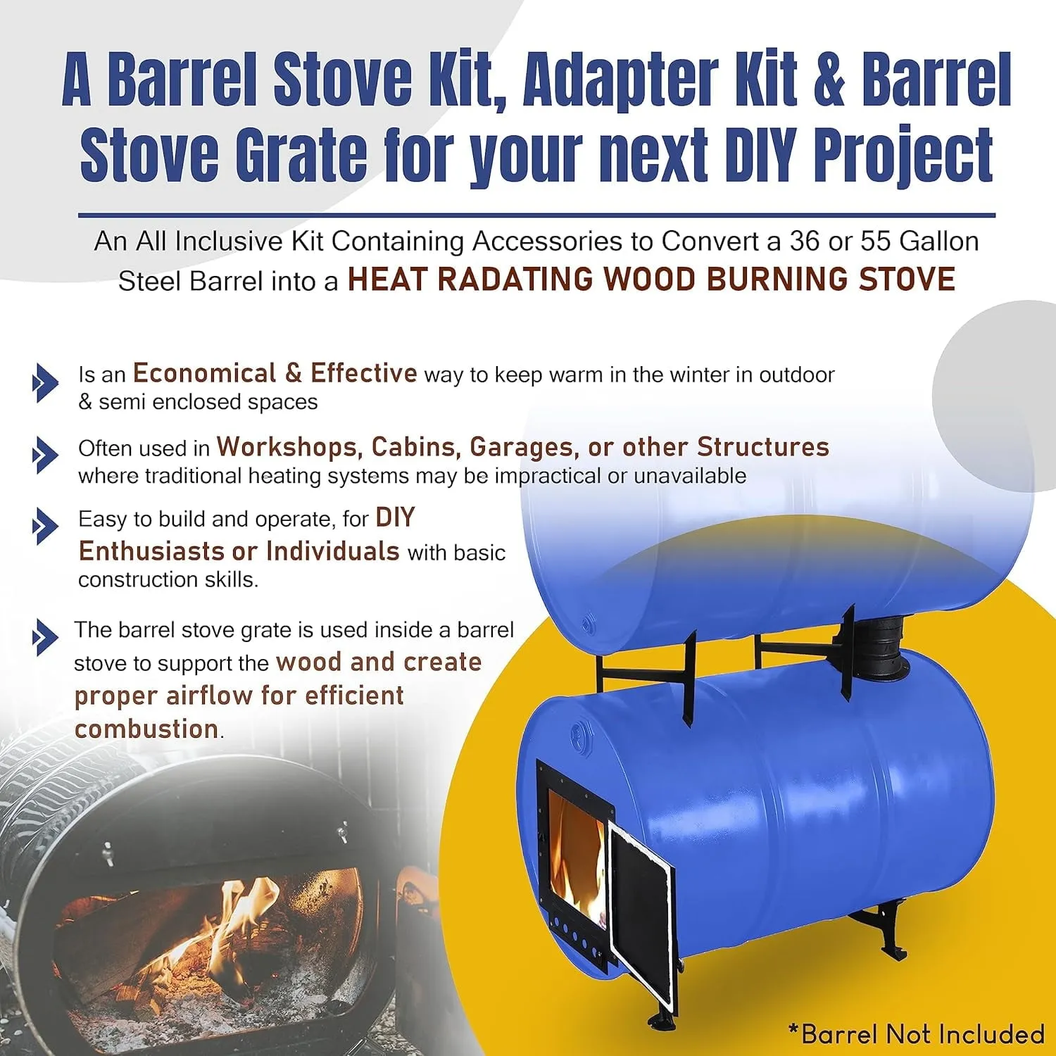 premium barrel stove kit with adapter kit & burn barrel grate â Perfect for 30-55 Gallon barrel - barrel stove kits - Fire wood camp stove barrel woodstove kit & double barrel stove adapter kit