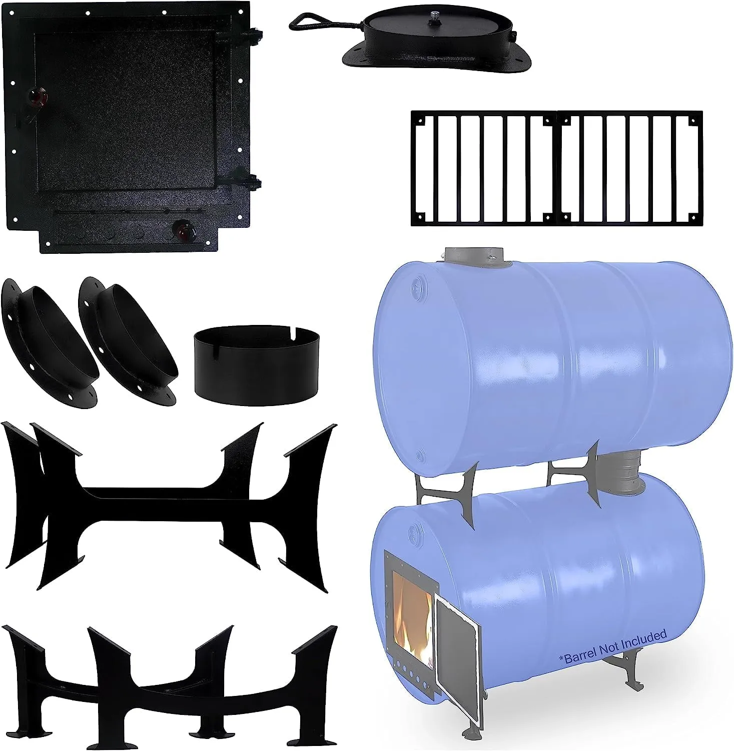 premium Barrel Woodstove Kit with Adapter Kit & Burn Barrel Grate â Perfect for 30-55 Gallon Barrel - Barrel Stove Kits - Fire Wood Camp Stove Barrel Stove Kit & Double Barrel Stove Adapter Kitâ¦